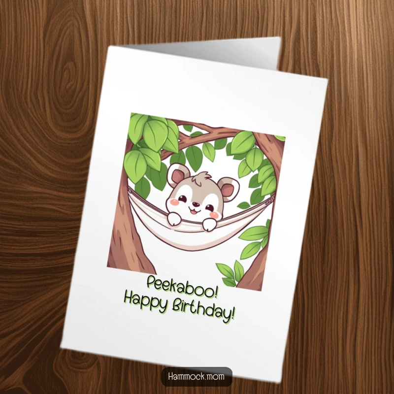 Funny Free Printable Birthday Card with a curious animal peeking from a hammock with a grin, a downloadable gift.