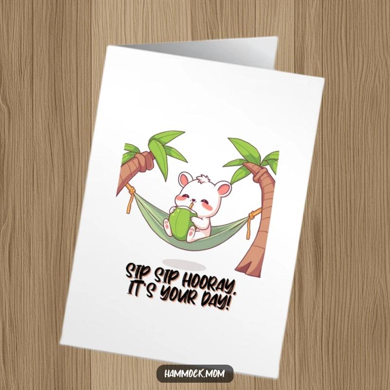 Funny Free Printable Birthday Card: Hammock animal character joyfully drinking from a coconut, downloadable gift.