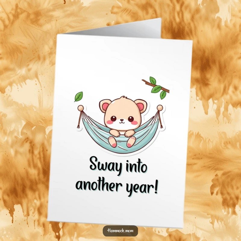Funny Free Printable Birthday Card: Cute kawaii animal swaying gently in a hammock, perfect downloadable gift.