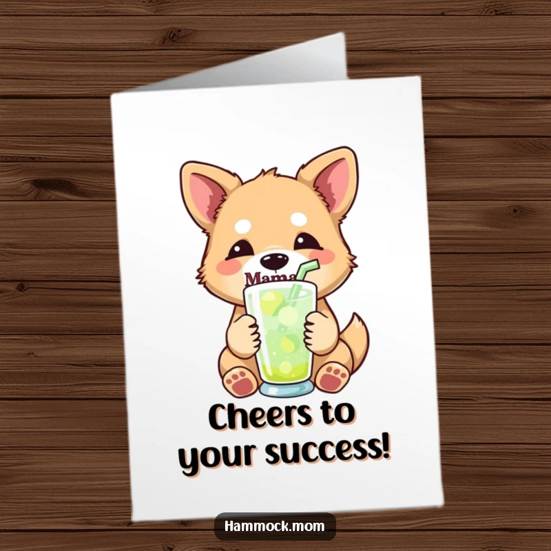 Funny Free Printable Congratulations Card: Mama dog with a drink, looking relaxed and celebratory.