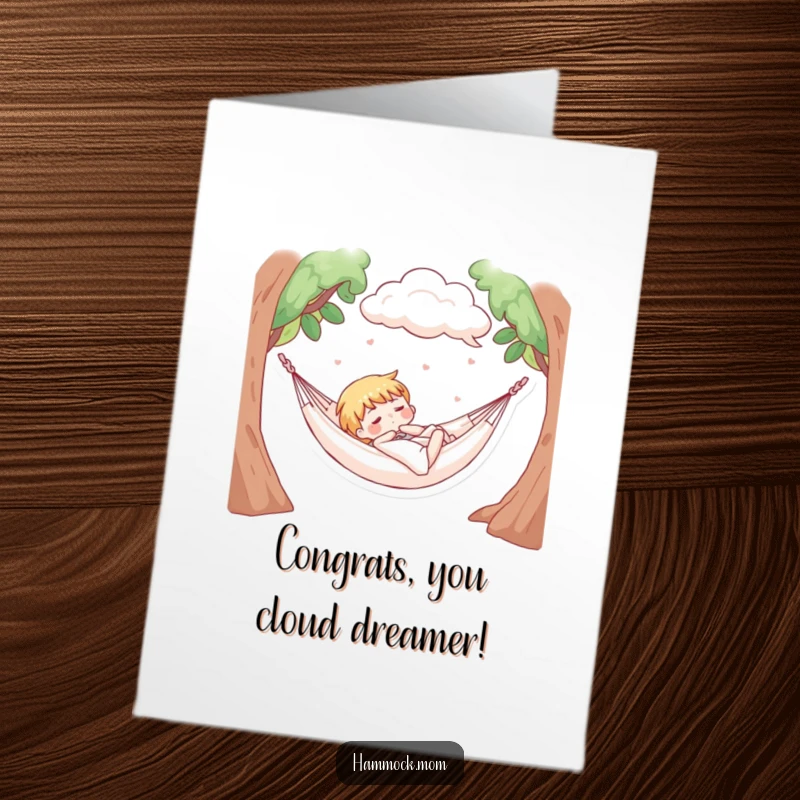 Funny Free Printable Congratulations Card: Character blissfully napping in a hammock, soft clouds drift lazily overhead, peaceful victory.