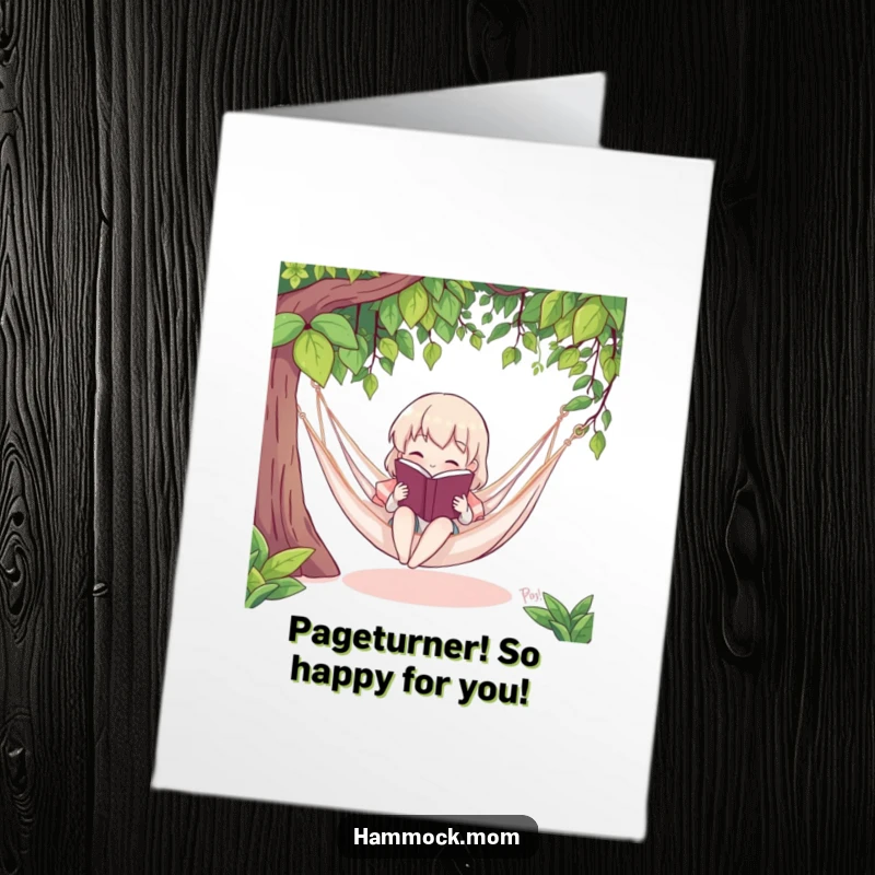 Free printable congratulations card featuring a character reading a book in a hammock, ideal downloadable art.