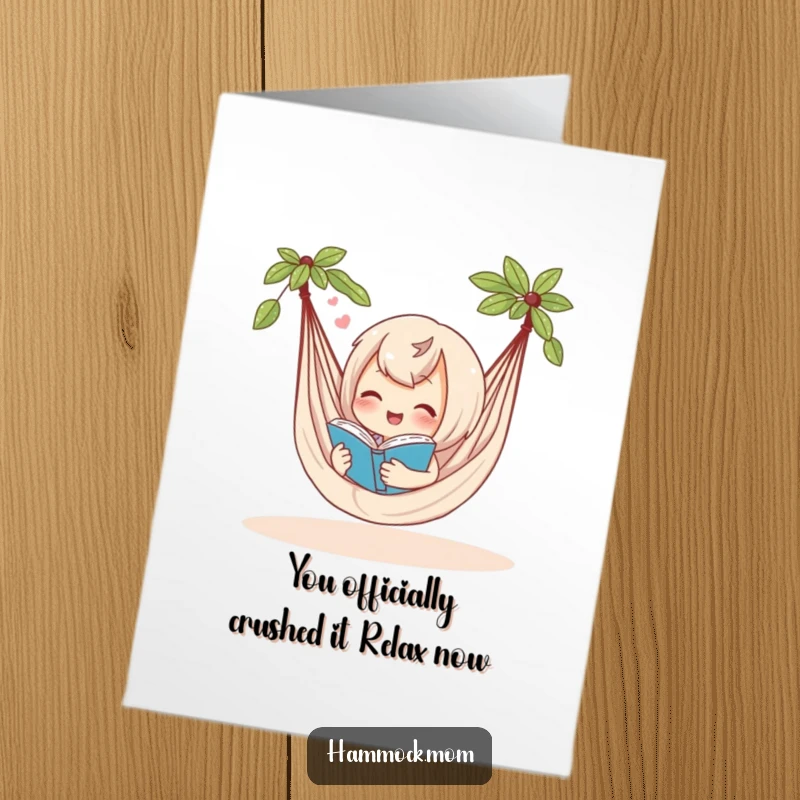 Funny Free Printable Congratulations Card showing a relaxed hammock character enjoying a book, a perfect symbol for well-deserved rest.