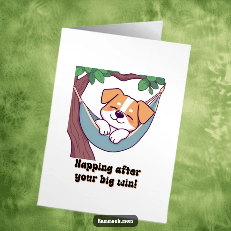 Funny Free Printable Congrats Card: Dog napping peacefully in a hammock, a small smile, ideal for relaxed congratulations.