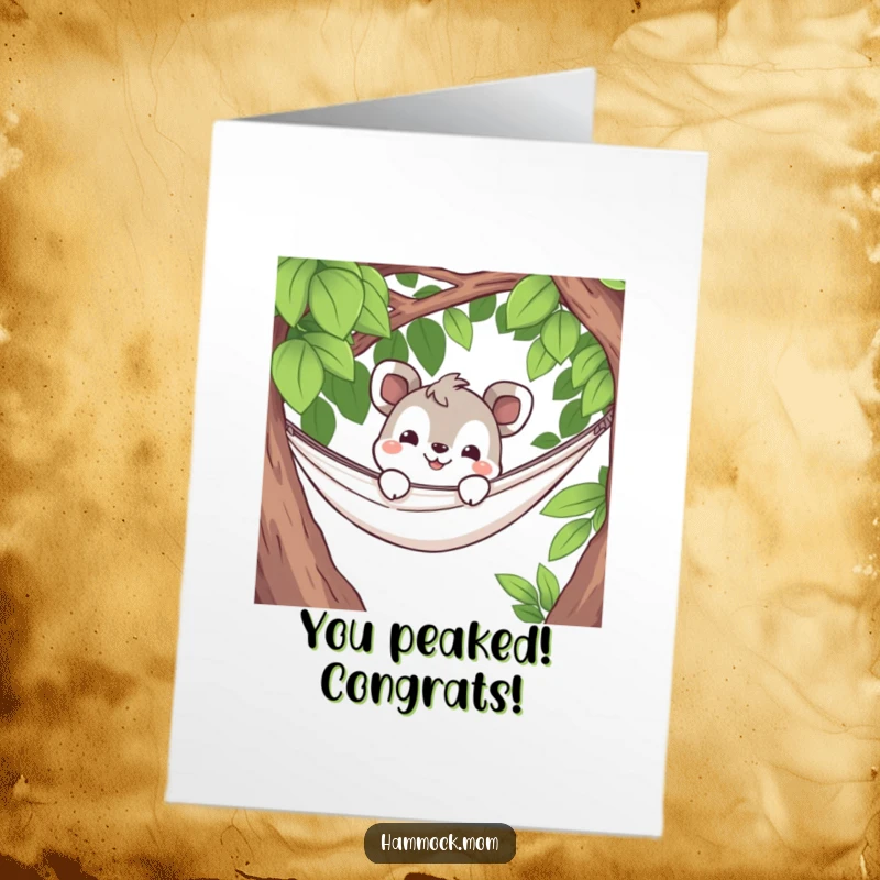 Funny Free Printable Congratulations Card showing a curious animal peeking over a hammock with a grin, a downloadable gift.