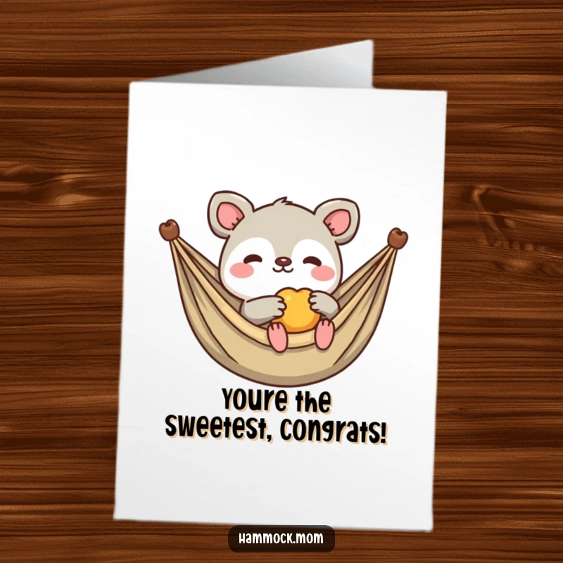 Funny Free Printable Congratulations Card: Kawaii animal lounging in a hammock, extending a small piece of fruit, kind and celebratory.
