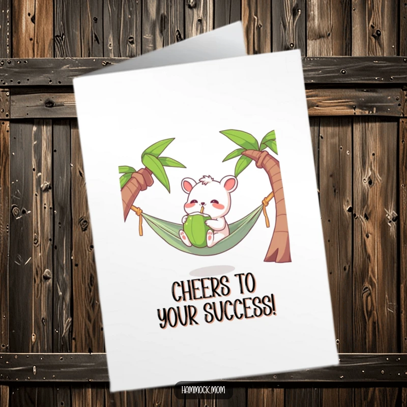 Funny Free Printable Congratulations Card: Hammock animal character joyfully drinking from a coconut, celebrating, downloadable gift.