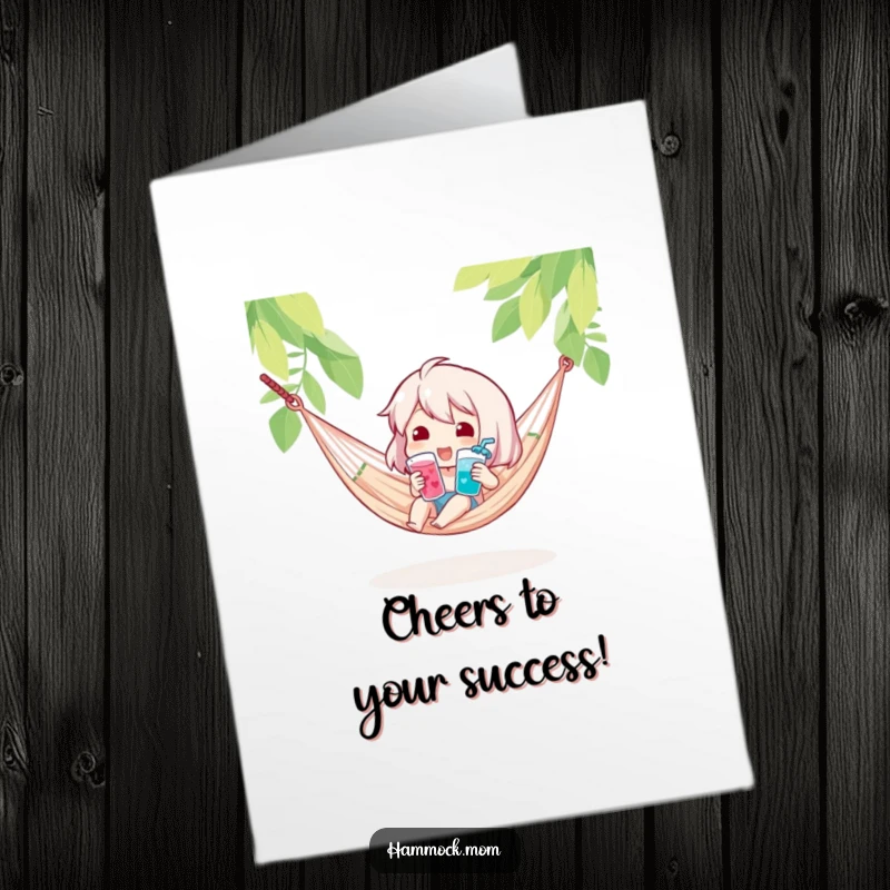 Free printable congratulations card featuring a character with a cool drink in a hammock, ideal downloadable art.
