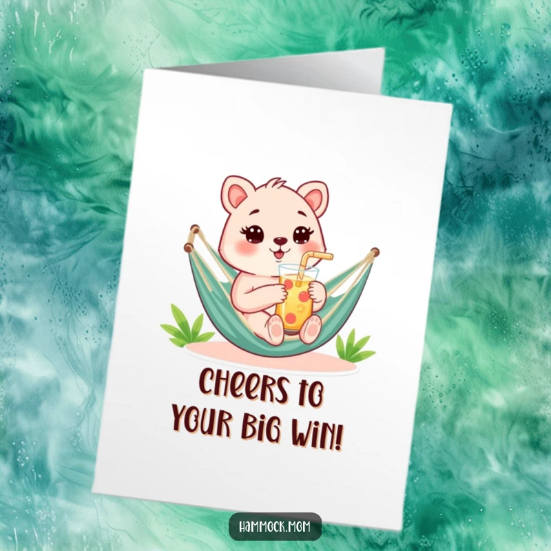 Funny free printable congratulations card featuring a mom animal holding a refreshing drink in a hammock.