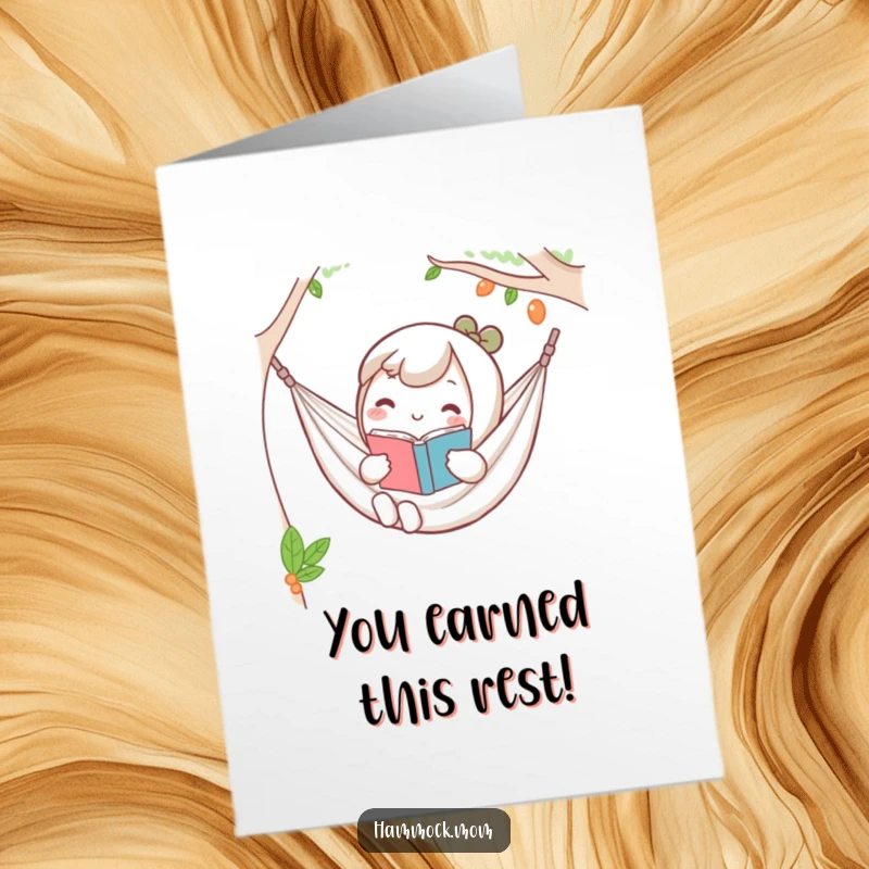 Funny Free Printable Congrats Card: A kawaii character enjoys a book in a hammock, embodying ultimate relaxation and achievement.