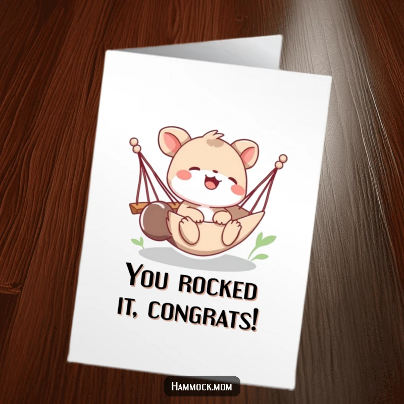 Funny Free Printable Congratulations Card showing a giggling animal with a tipping hammock, a downloadable gift for any win.