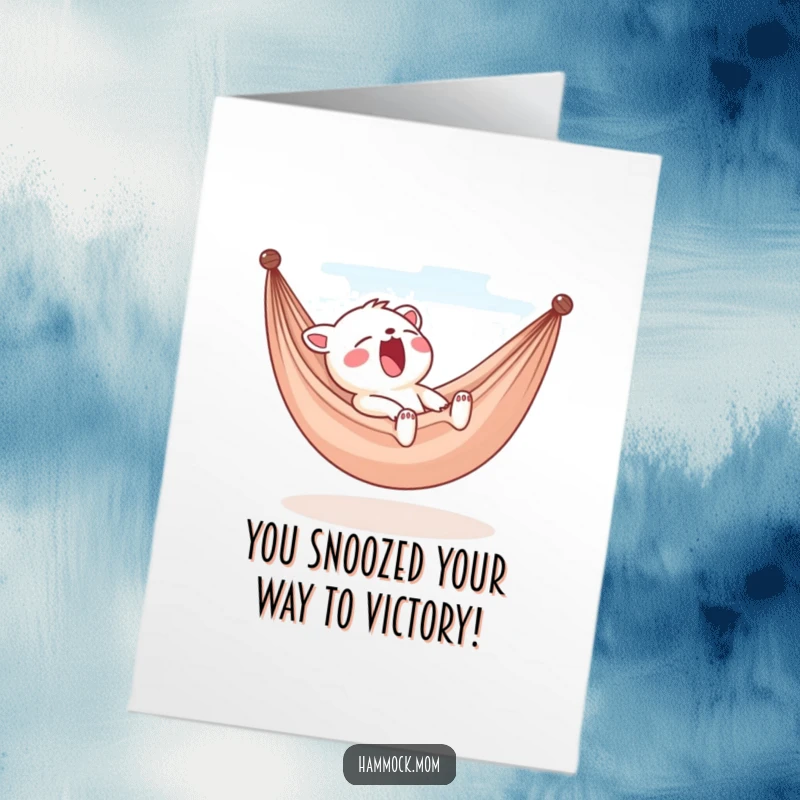 Funny Free Printable Congratulations Card: A hammock animal character yawning peacefully in the breeze, celebrating milestones.