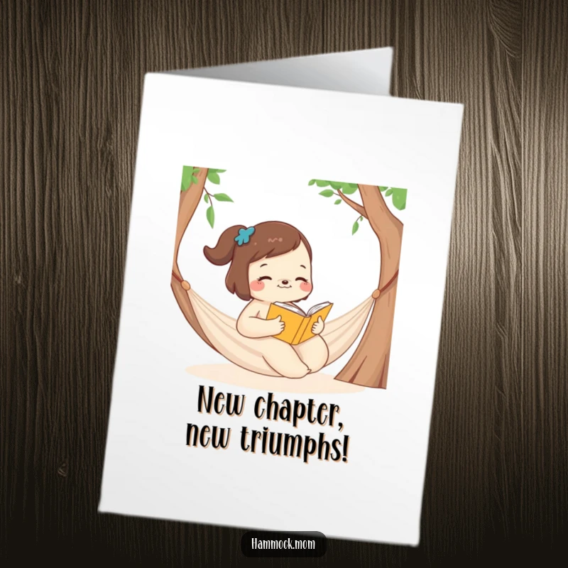 Funny free printable congratulations card featuring a mom animal reading a book in a hammock.