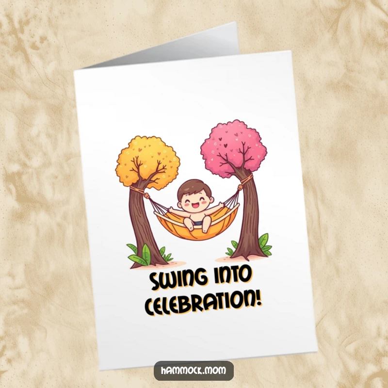 Funny Free Printable Congrats Card: A happy character enjoys a gentle sway in a hammock between colorful trees.