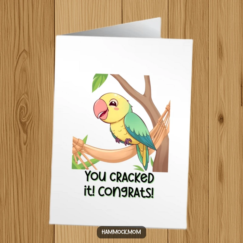 Funny Free Printable Congratulations Card: A giggling parrot perches by a hammock, looking thoroughly amused and happy for their success.