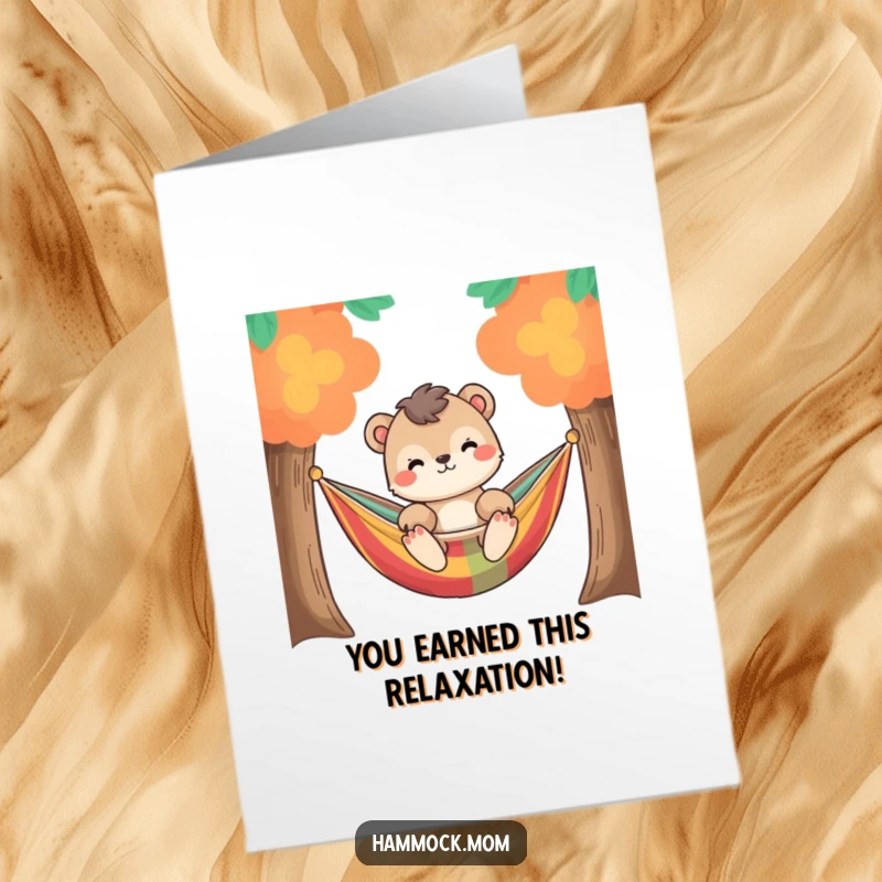 Funny Free Printable Congratulations Card showing a relaxed animal character gently swaying in a colorful hammock.