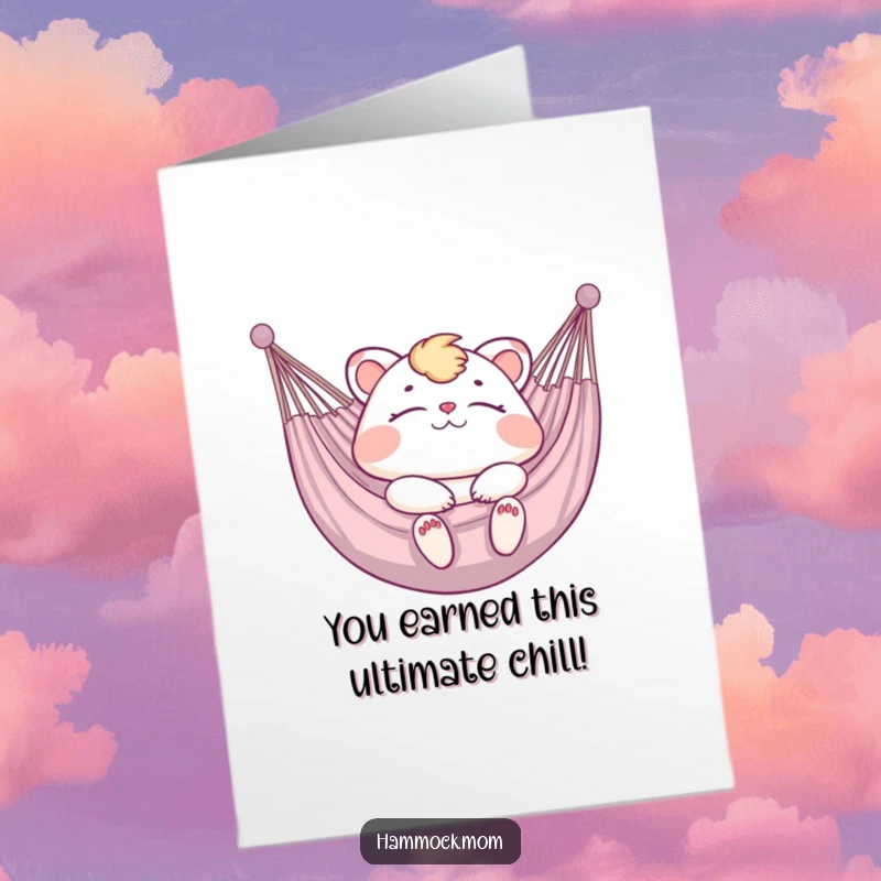 Funny free printable congratulations card showing a mom animal relaxing in a hammock with a smile.