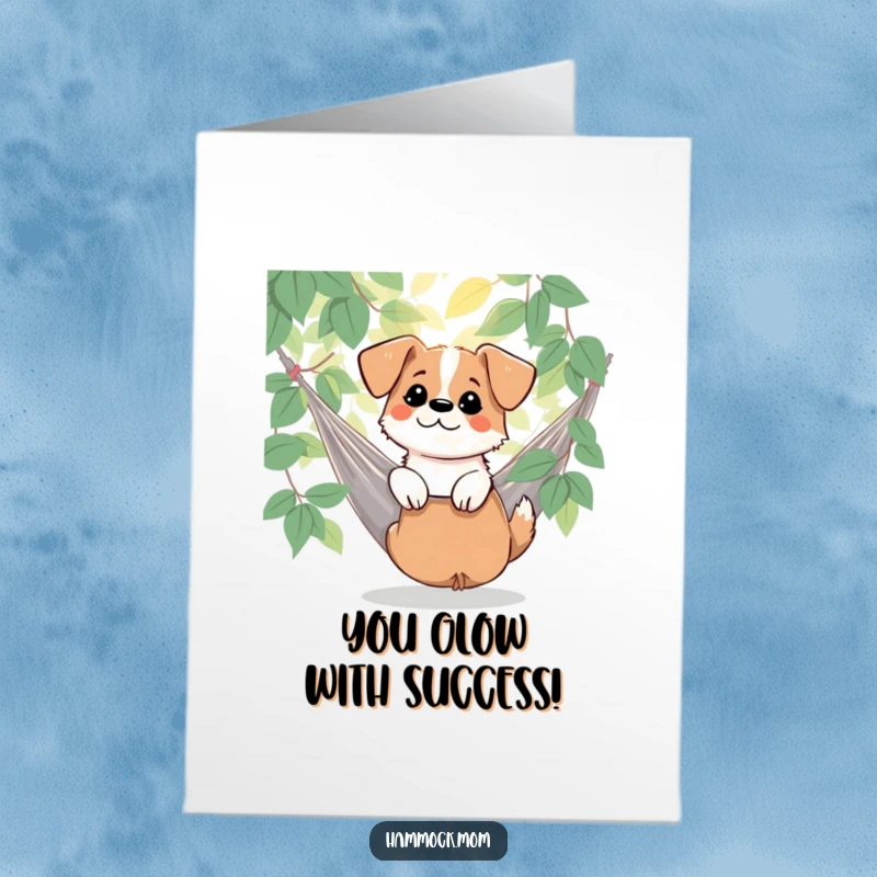 Funny Free Printable Congratulations Card: Dog in hammock enjoys dappled sunlight, a serene celebration.