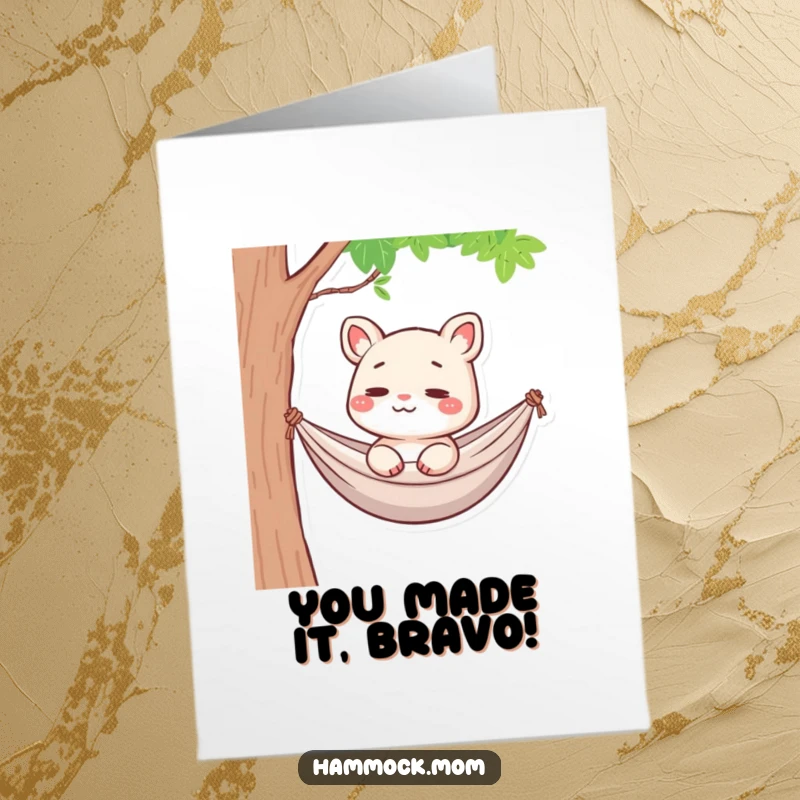 Funny Free Printable congratulations card of a hammock mom animal contemplating with a slight smile, perfect downloadable.
