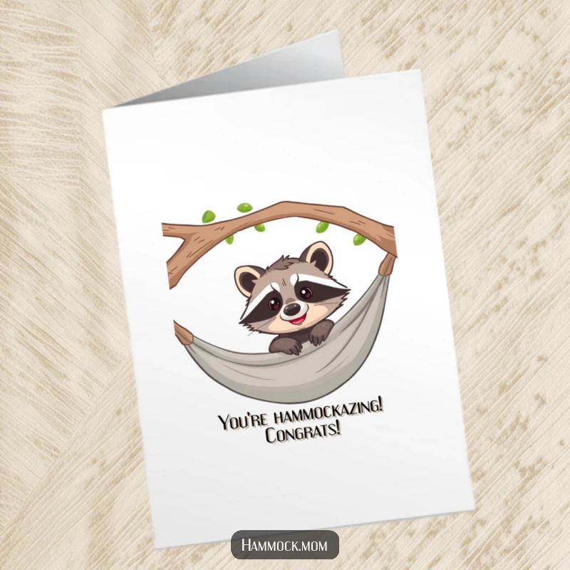 Funny Free Printable Congrats Card: Raccoon peeking from hammock with a playful, curious grin, celebrating achievements.