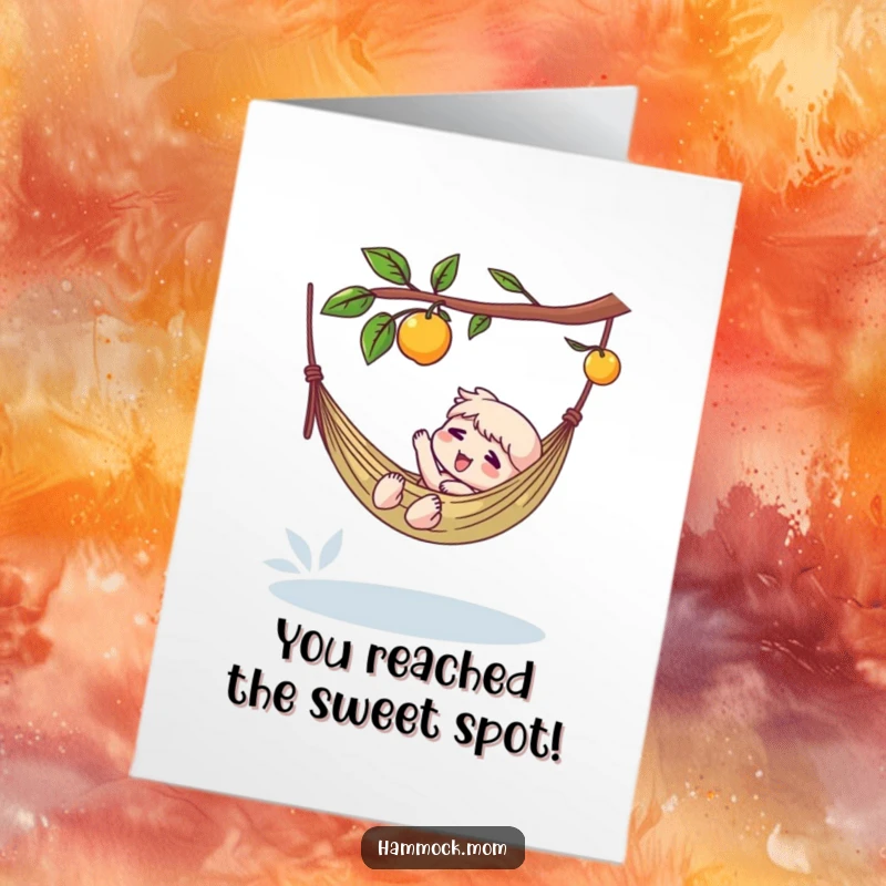 Funny Free Printable Congratulations Card: A character happily grabs fruit from a hammock, symbolizing reaching goals with ease.