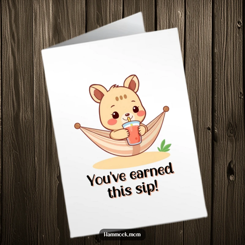 Funny Free Printable Congrats Card: A hammock animal offers a cool beverage with a straw, celebrating success stylishly.