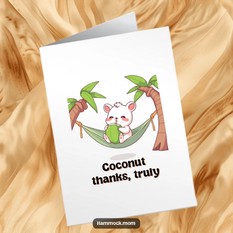 Funny Free Printable Thank You Card: Hammock animal character joyfully drinking from a coconut, expressing thanks, downloadable art.