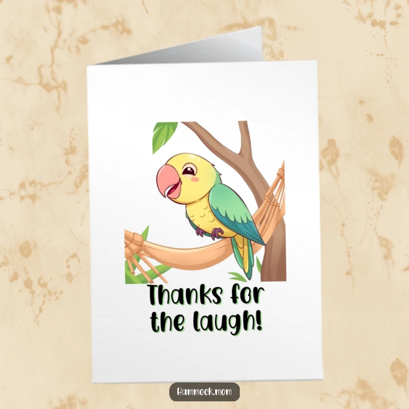 Funny Free Printable Thank You Card: A giggling parrot looks amused by the edge of a hammock, signifying thanks with a quirky charm.