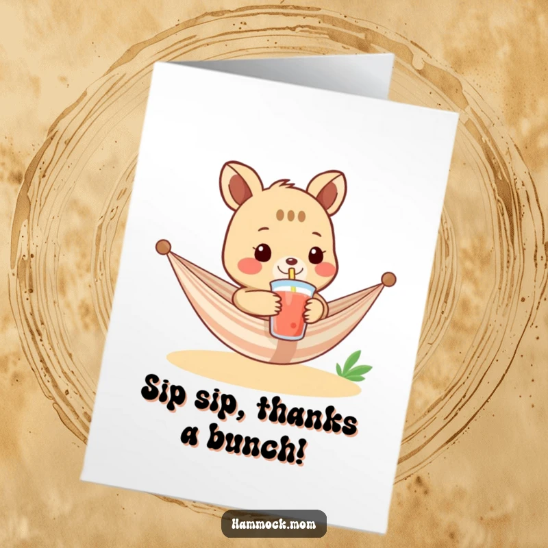 Funny Free Printable Thank You Card: A hammock animal offers a cool drink with a straw, a stylish way to say thanks.