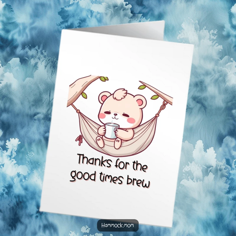Funny Free Printable Thank You Card: Kawaii animal chilling in a hammock, sipping from a tiny cup with pure bliss.
