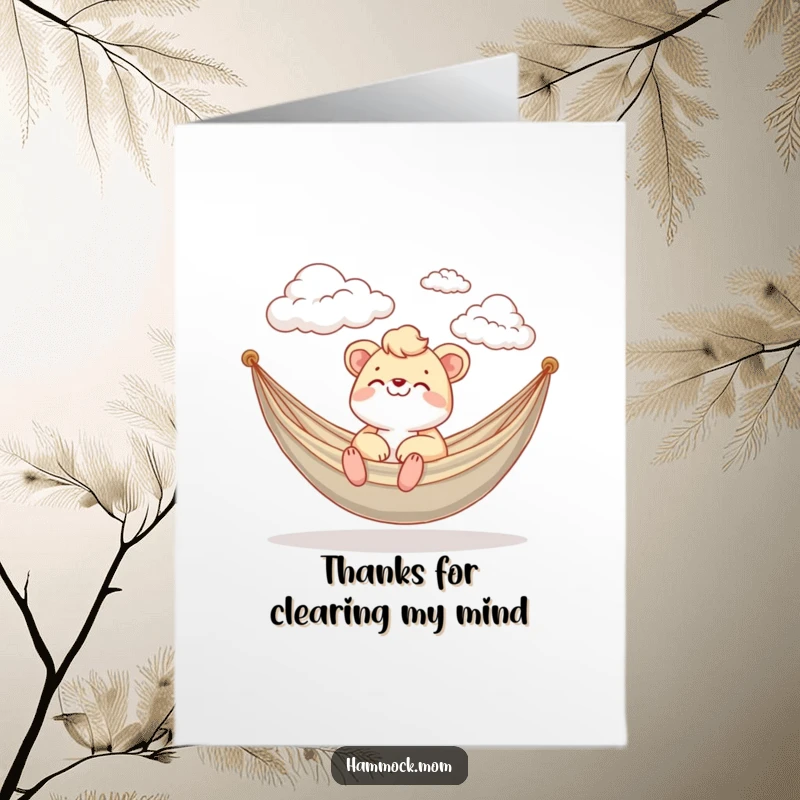 Funny free printable thank you card of a mom animal happily watching fluffy clouds drift by in a hammock.
