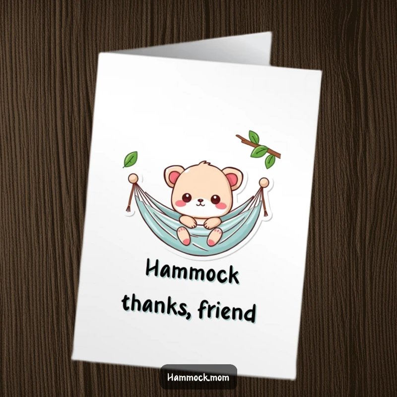 Funny Free Printable Thank You Card: Cute kawaii animal swaying in a hammock, expressing thanks, downloadable art.
