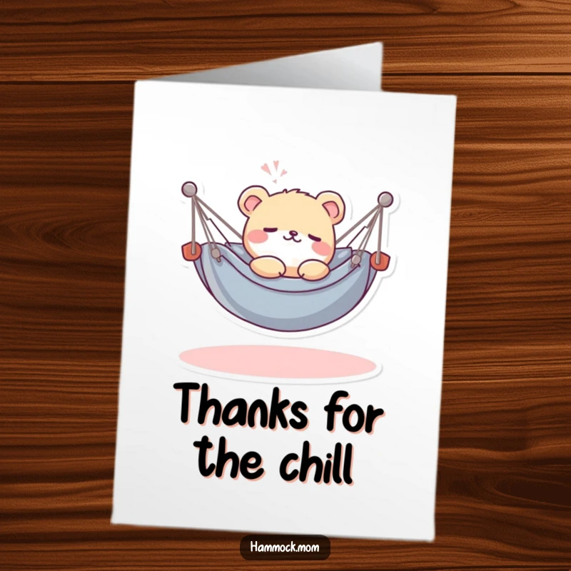 Funny Free Printable Thank You Card: Kawaii animal relaxing in a hammock, sighing thankfully, appreciating kindness.