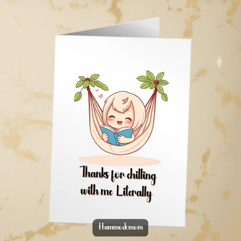 Funny Free Printable Thank You Card: A hammock character sighs contentedly while reading, conveying peaceful gratitude. Easy print at home.
