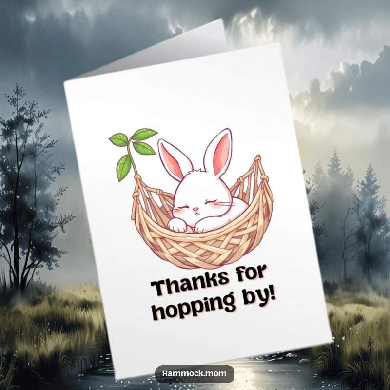 Peaceful Free Printable Thank You Card: Bunny snoozing in a hammock, conveying quiet gratitude and thanks.