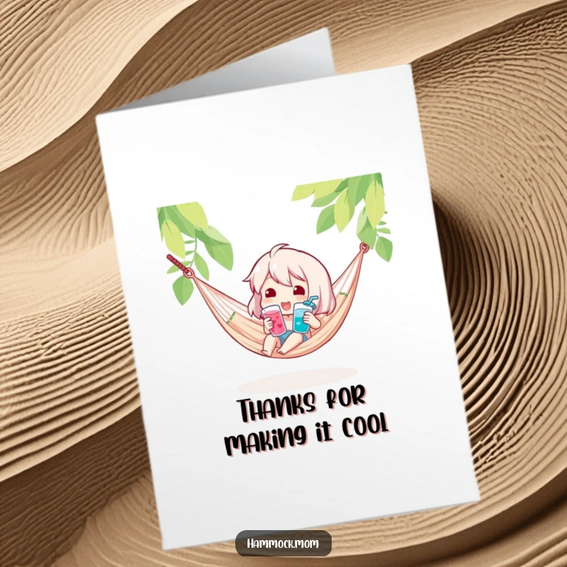 Funny free printable thank you card of a character holding a cool drink in a hammock, excellent downloadable art.