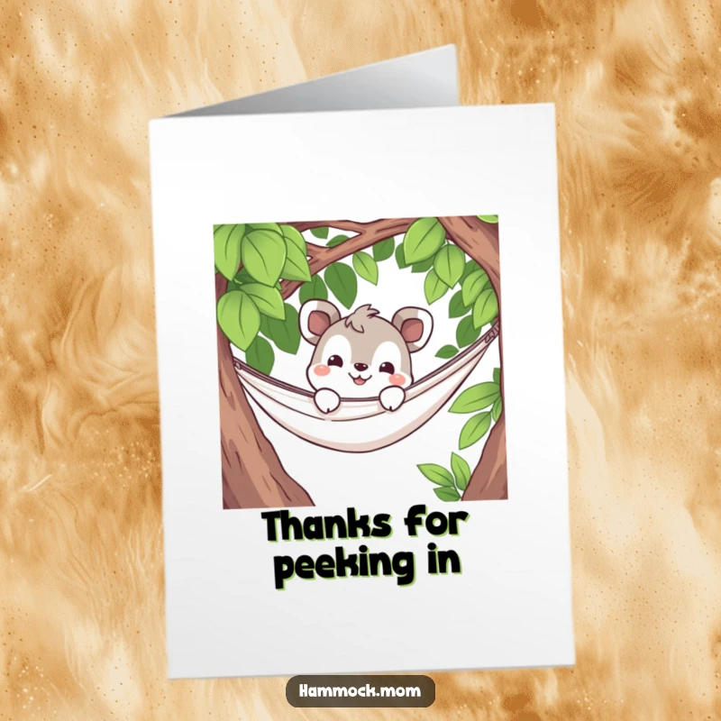 Funny Free Printable Thank You Card featuring a curious animal peeking from a hammock with a grin, a downloadable gift.