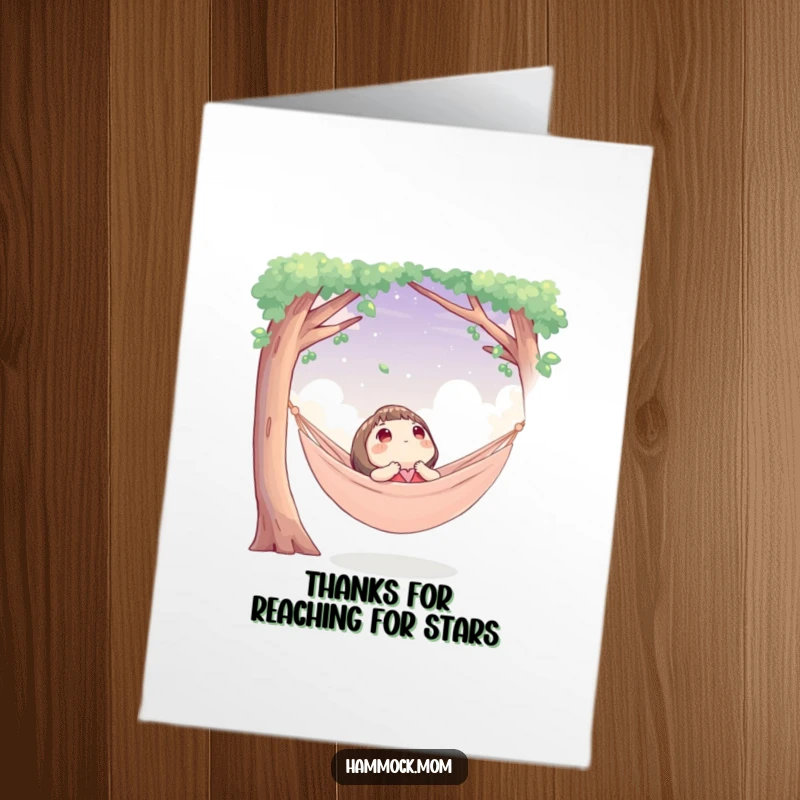 Funny Free Printable Thank You Card: Character enjoys the sky from a hammock, expressing thanks with serene appreciation.