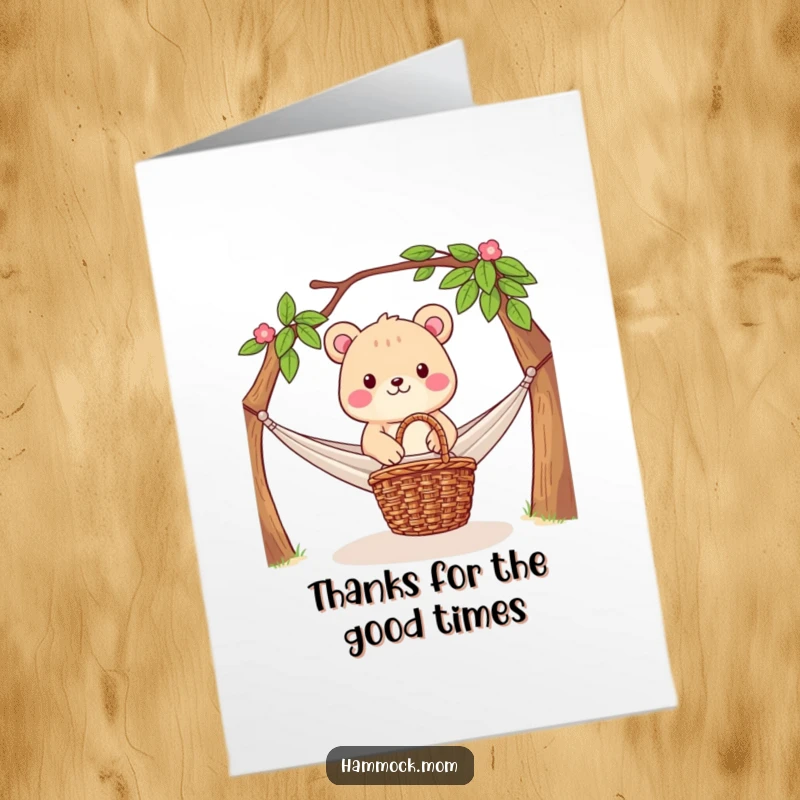 Funny Free Printable Thank You Card: Relaxed animal with a picnic basket by a hammock, conveying calm thanks.