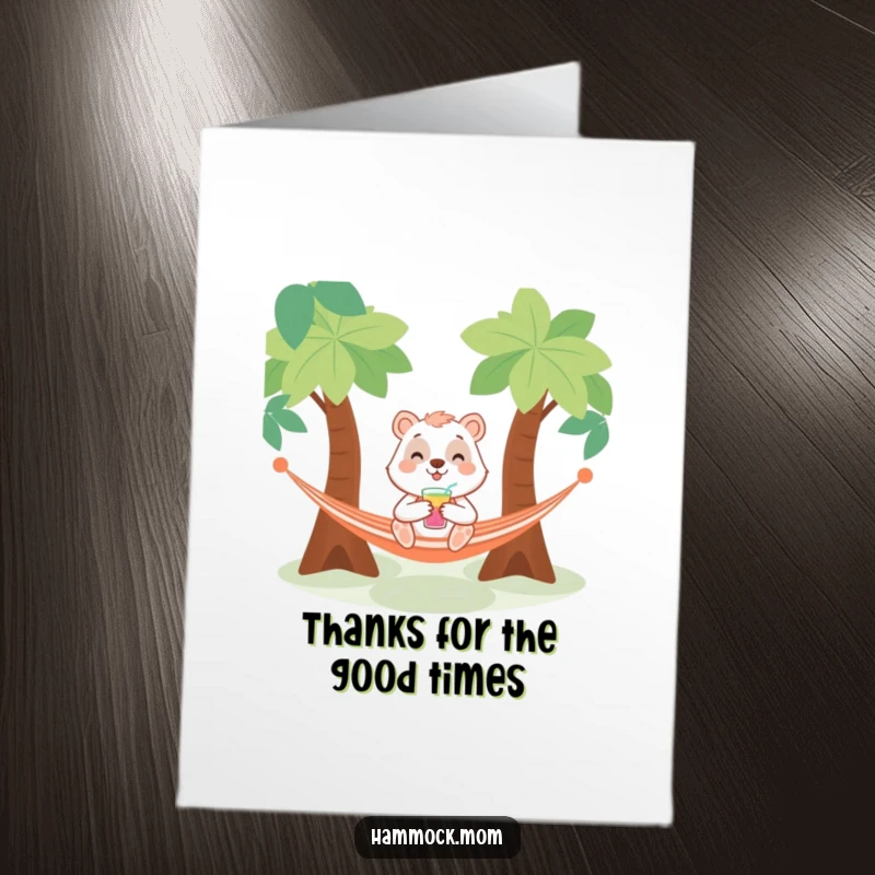 Funny Free Printable Thank You Card featuring a smiling animal with a drink in a hammock, a refreshing downloadable gift.