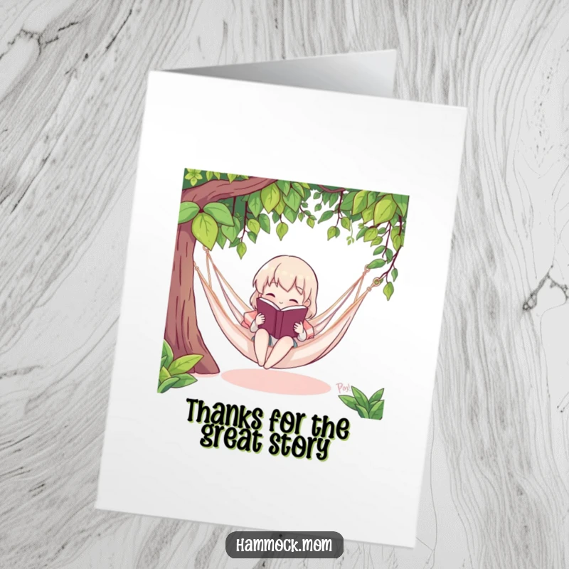 Funny free printable thank you card of a character reading while in a hammock, excellent downloadable art.