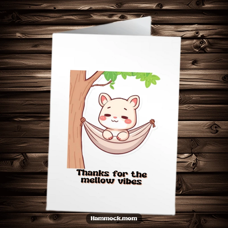 Funny Free Printable thank you card showing a pensive hammock mom animal with a faint smile, a charming downloadable gift.