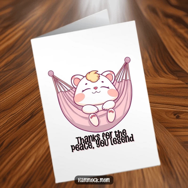 Funny free printable thank you card with a mom animal relaxing in a hammock, expressing gratitude humorously.