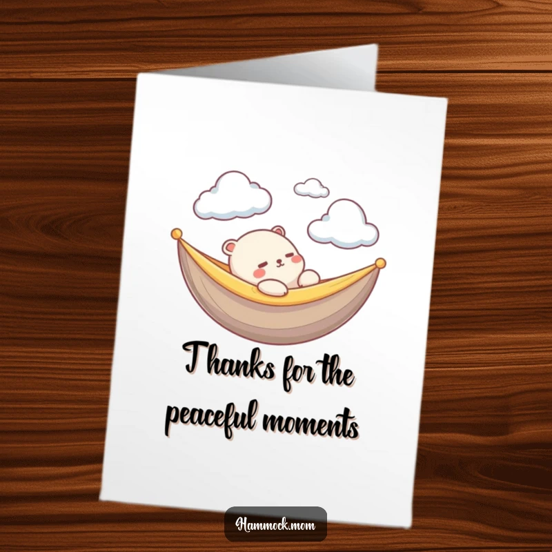 Funny Free Printable Thank You Card: Kawaii animal relaxing in a hammock, gazing peacefully at clouds, a gentle thank you.