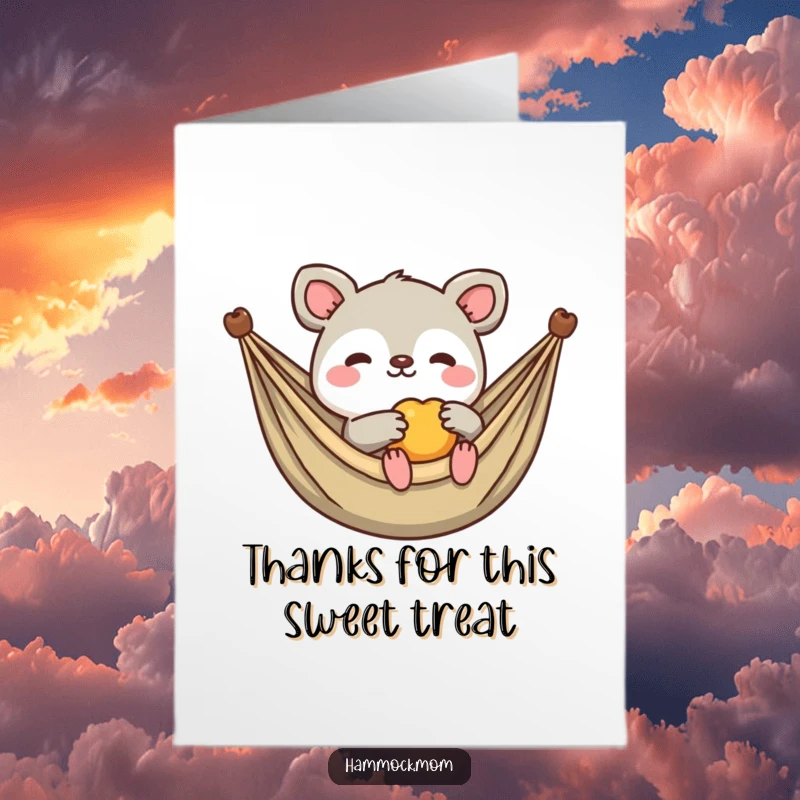 Funny Free Printable Thank You Card: Kawaii animal in a hammock, offering a tiny fruit, a sweet and humorous thank you.