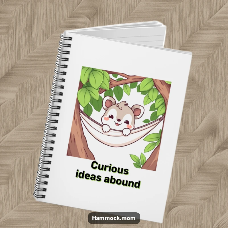 Funny notebook cover with a curious animal character peeking from a hammock with a grin, perfect for jotting down intriguing thoughts.