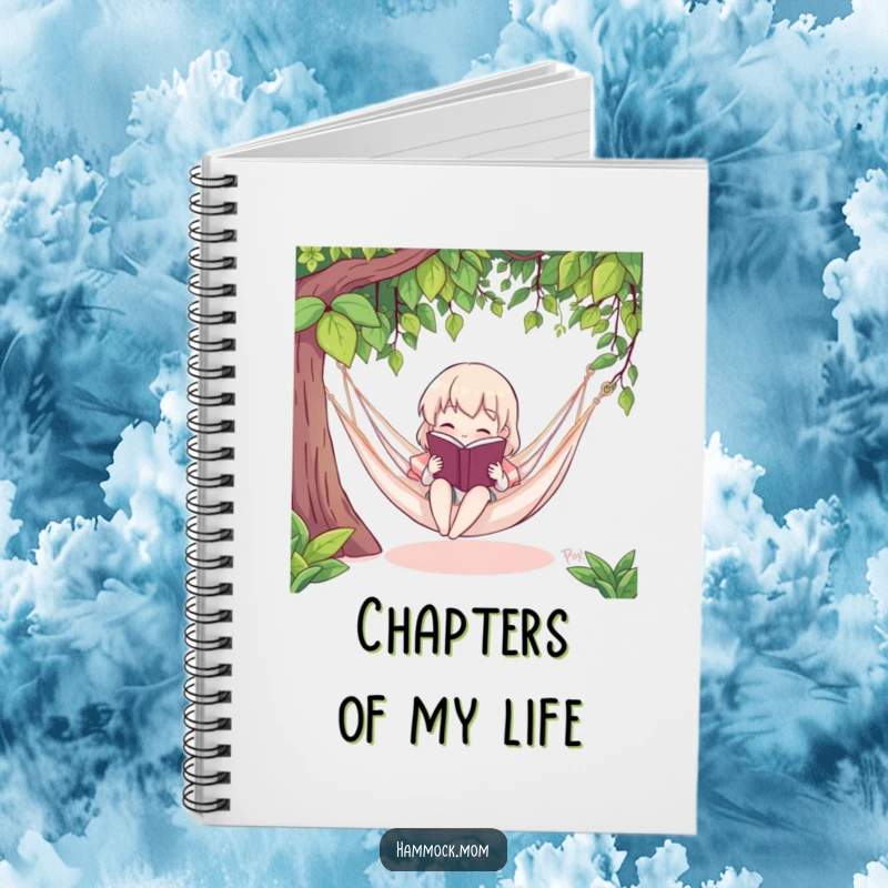 Funny notebook cover with a character reading a book in a hammock, perfect for journaling literary thoughts and ideas humorously.