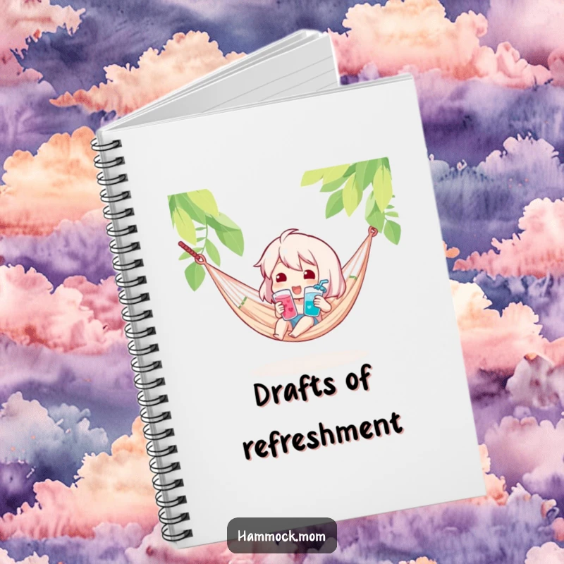 Funny notebook cover with a character holding a cool drink in a hammock, perfect for journaling relaxing thoughts and ideas humorously.