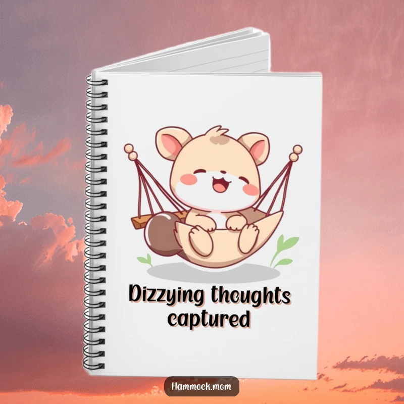 Funny notebook cover with a playful animal character giggling in a tipping hammock, perfect for jotting down humorous thoughts and ideas.