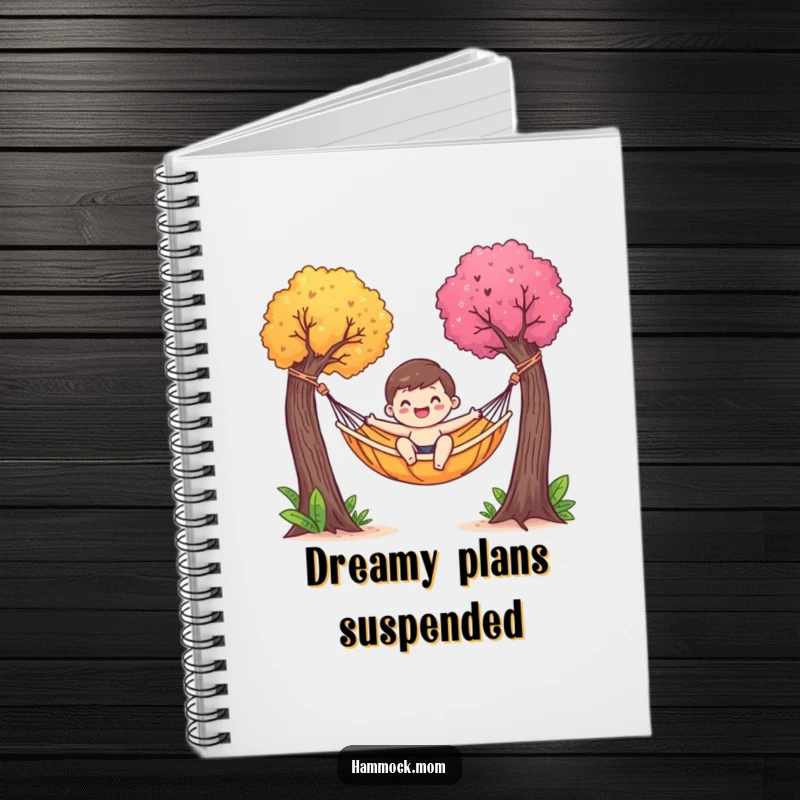 Funny notebook cover featuring a happy hammock character gently swaying between colorful trees, inspiring relaxation and creativity.